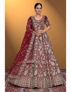 Maroon Velvet Lehenga Choli With Net Dupatta For Women