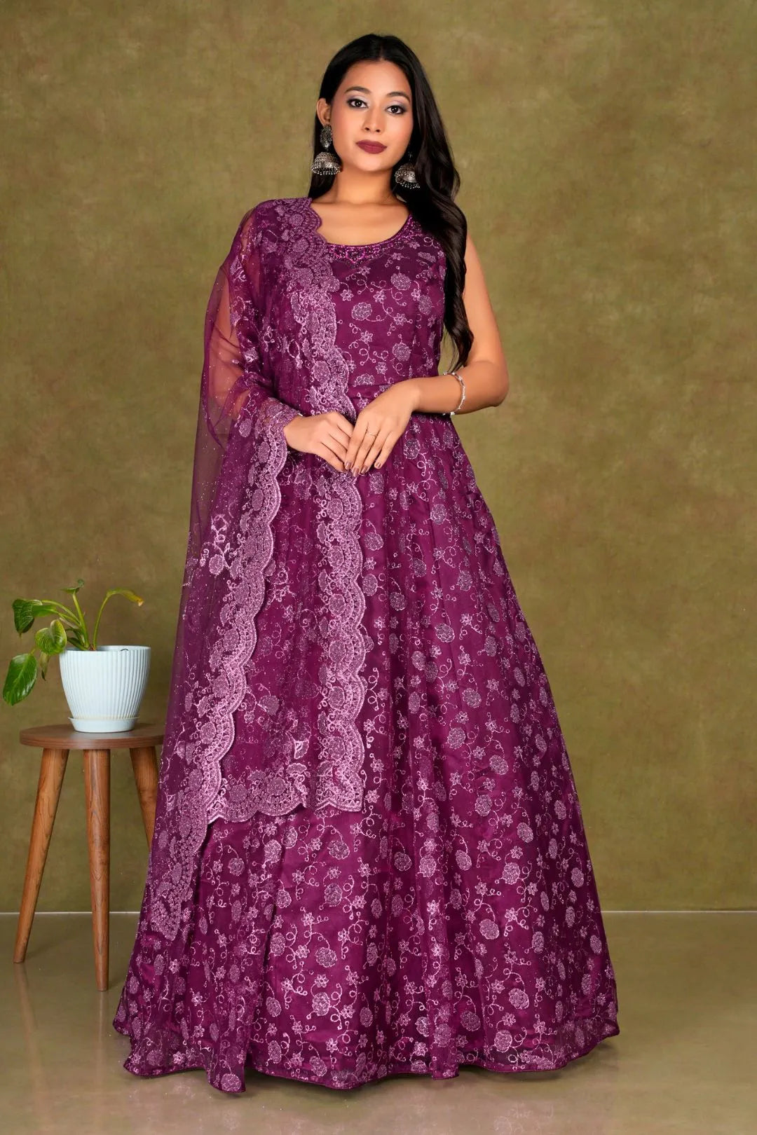 Maroon Colour Party Wear Net Gown For Women