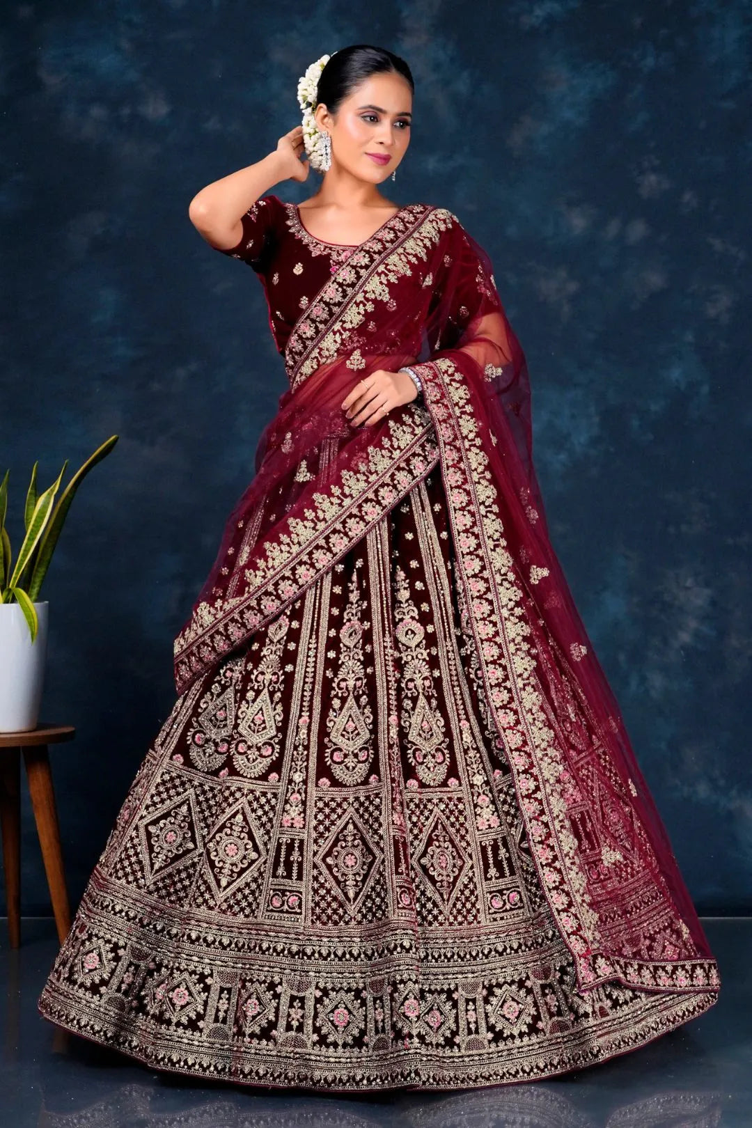 Maroon Embroidered Velvet Lehenga For Brides