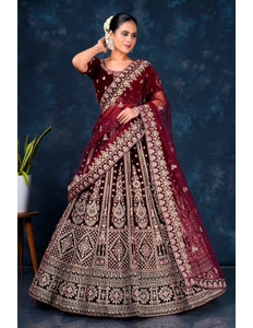 Maroon Embroidered Velvet Lehenga For Brides