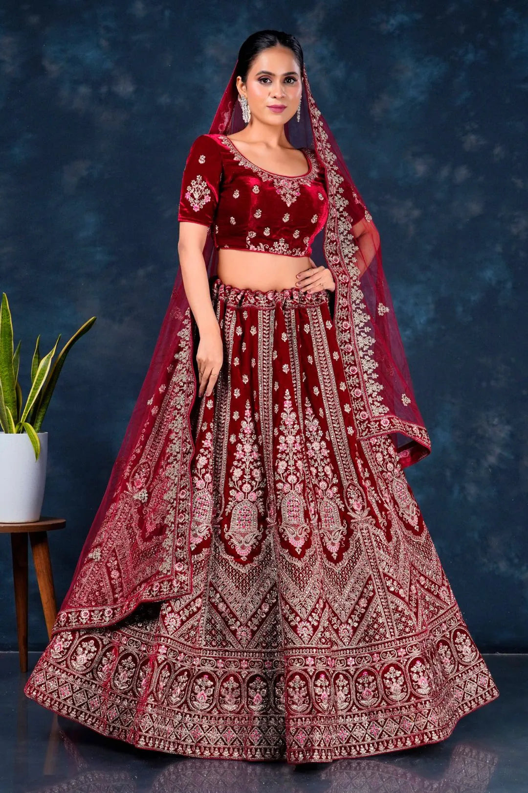 Maroon Heavy Designer Bridal Lehenga in Velvet