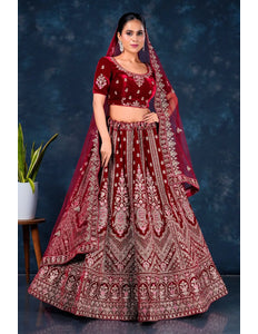 Maroon Heavy Designer Bridal Lehenga in Velvet