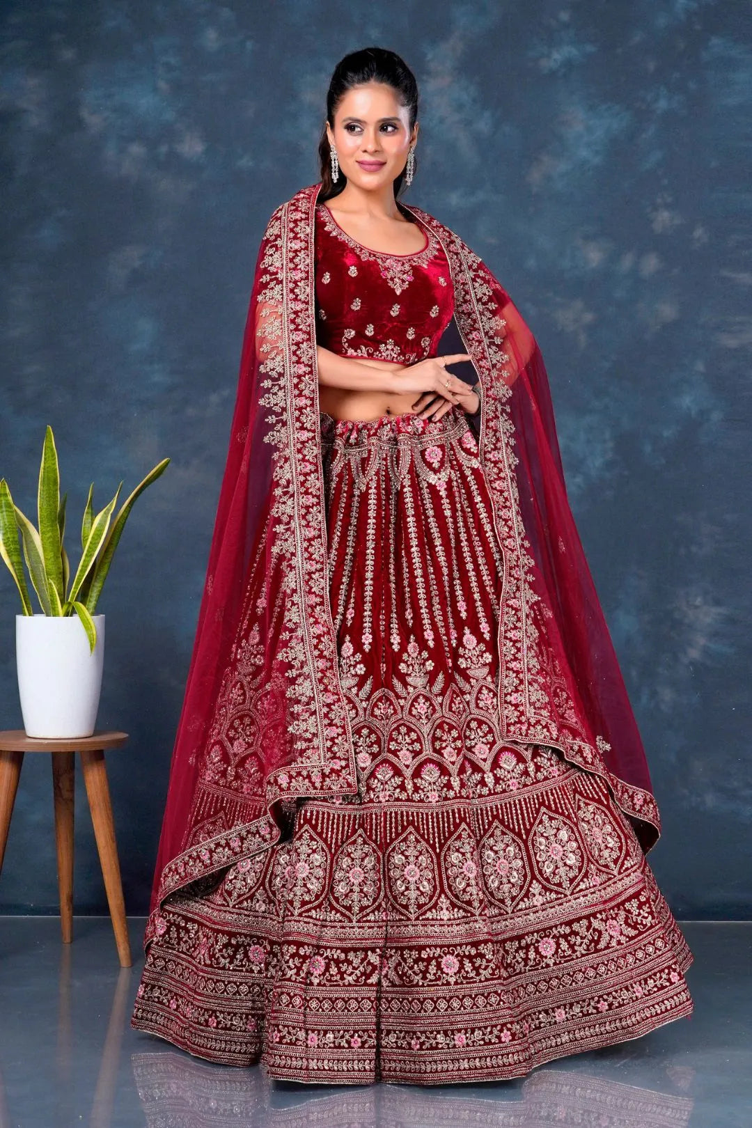Maroon Heavy Designer Velvet Lehenga For Brides