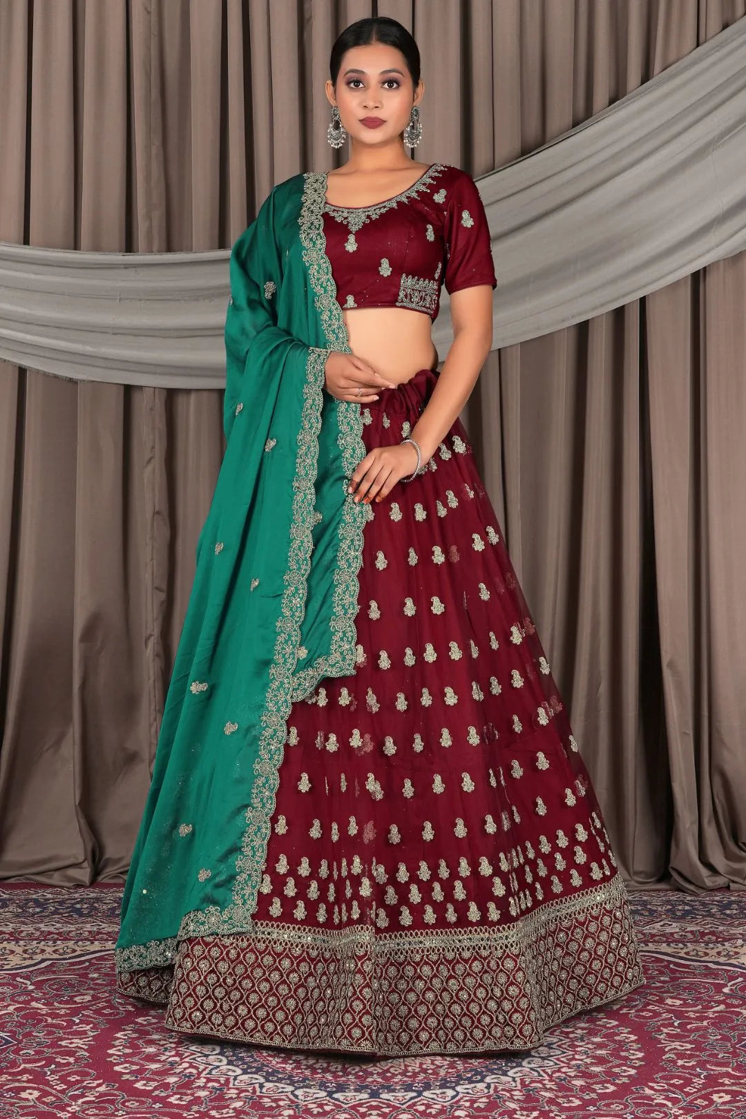 Maroon Net Designer Lehenga Choli with Rangoli Dupatta