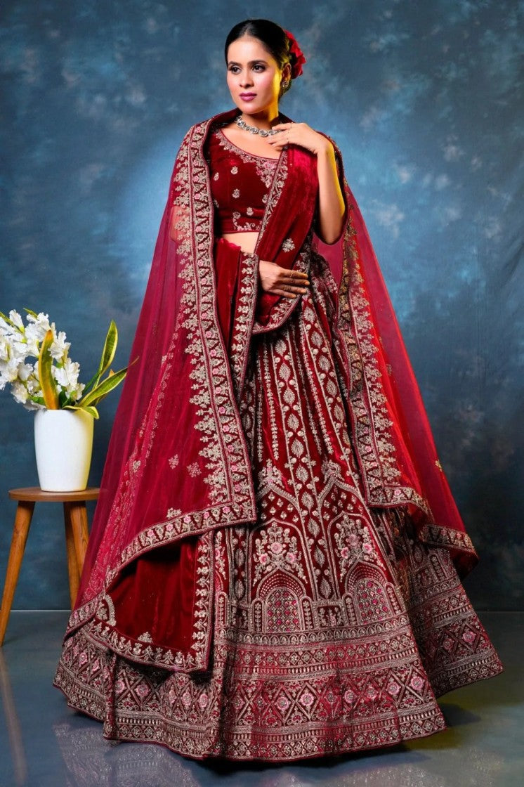 Maroon_Velvet_Designer_Bridal_Lehenga_Choli_with_Double_Dupatta
