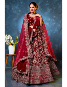 Maroon_Velvet_Designer_Bridal_Lehenga_Choli_with_Double_Dupatta