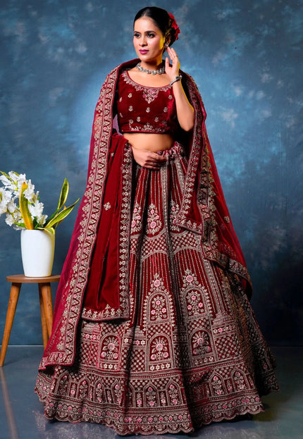 Maroon Velvet Designer Bridal Lehenga Choli with Double Dupatta