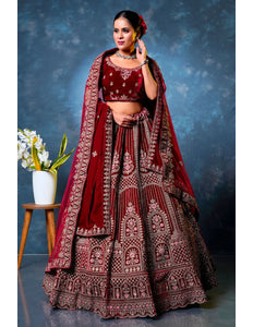 Maroon Velvet Designer Bridal Lehenga Choli with Double Dupatta