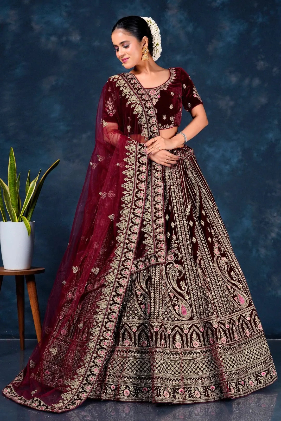 Maroon Velvet Heavy Bridal Lehenga Choli For Wedding