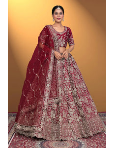 Maroon Velvet Lehenga Choli With Net Dupatta For Women