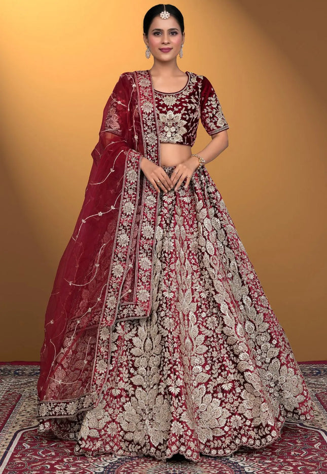 Maroon Velvet Lehenga Choli With Net Dupatta For Women