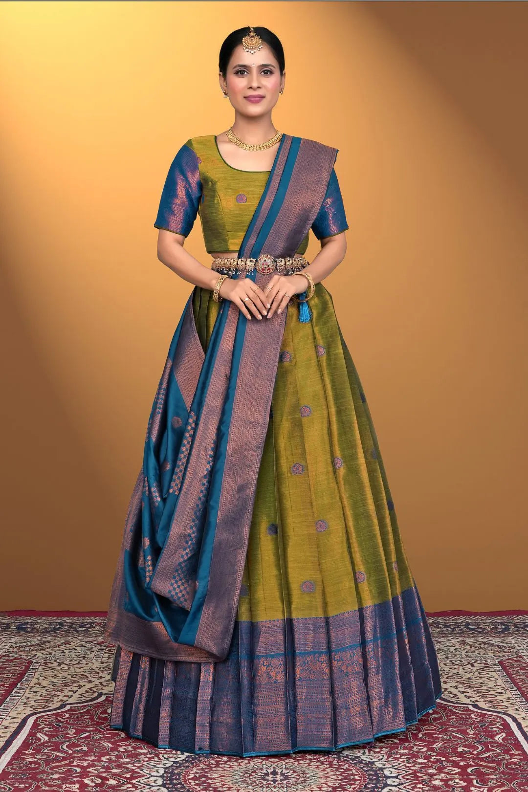 Mehendi Banarasi Pattu Half Saree With Zari Woven