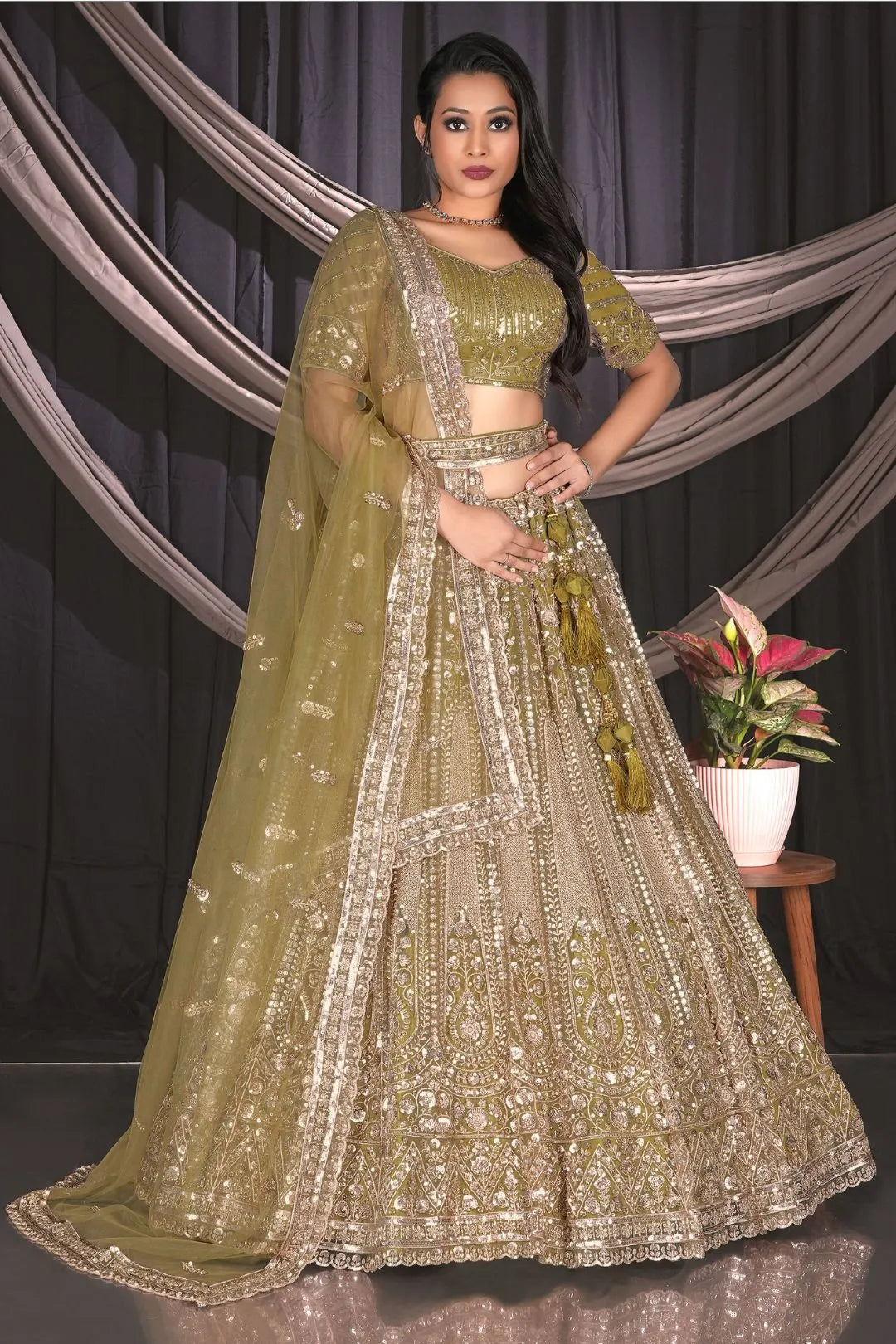 Mehendi Embroidered Net Chaniya Choli For Women