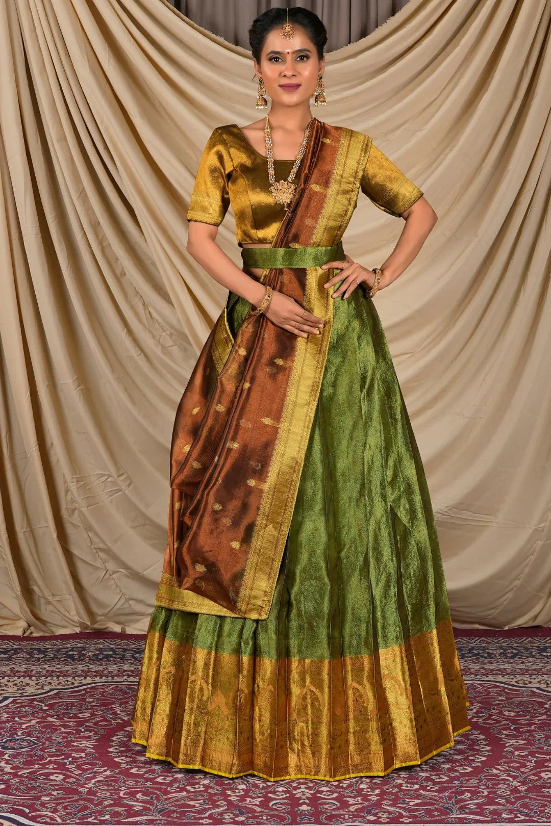 Mehendi Tissue Silk Pattu Lehenga Choli For Women