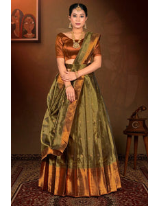 Woman in traditional green and brown lehenga choli with dupatta