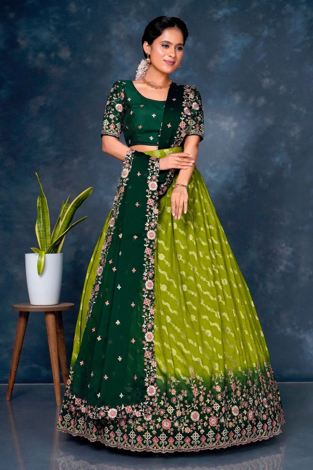 Mehendi Viscos Muslin Lehenga With Green Dupatta