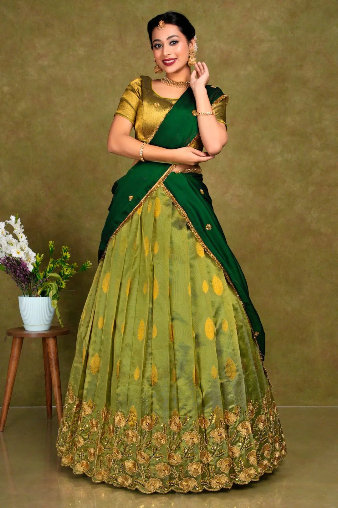 Mehendi Zari Woven Tissue Silk Lehenga Choli For Women