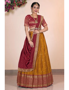 Mustard Banarasi Pattu Pavadai For Women