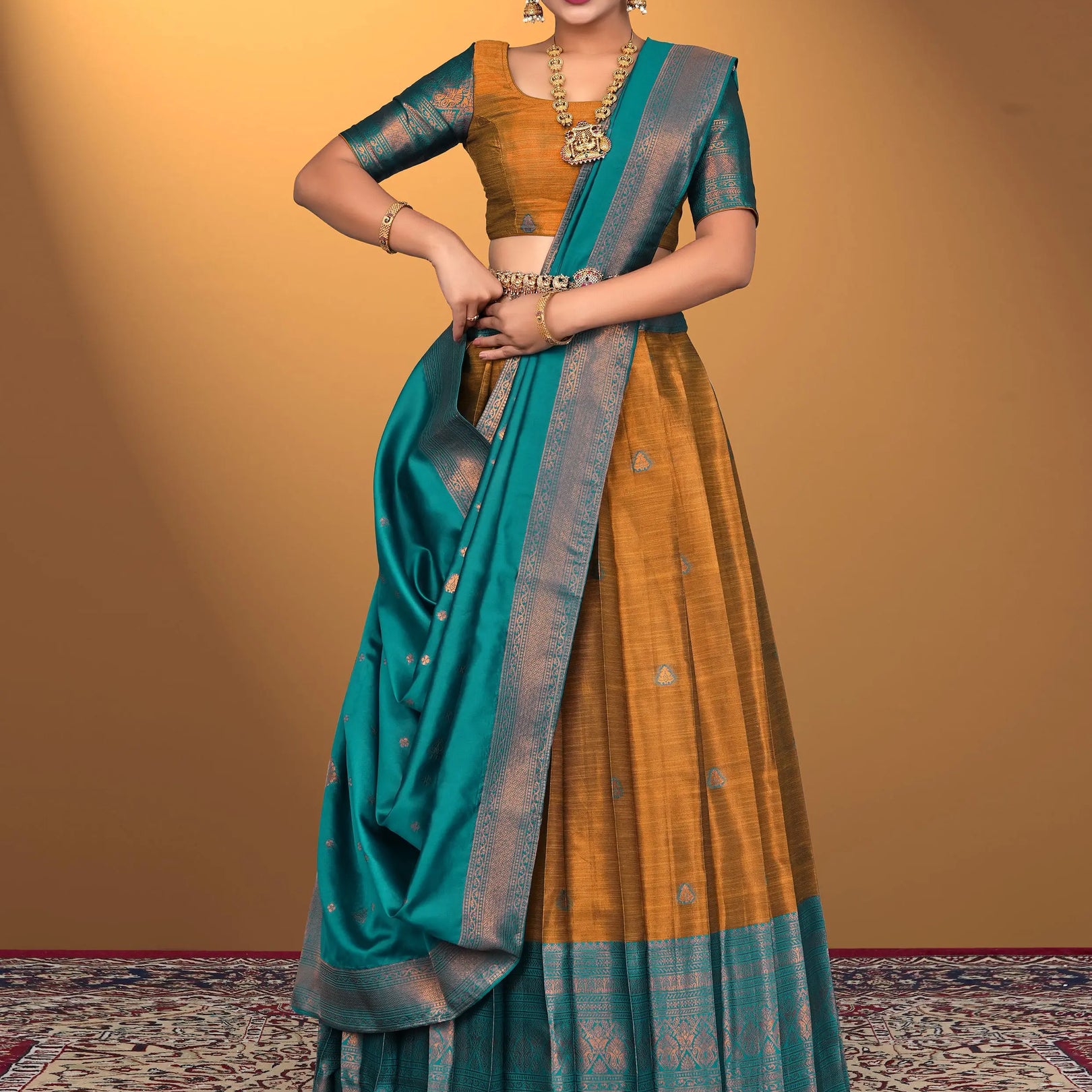 Woman wearing a traditional lehenga choli with a yellow and blue color