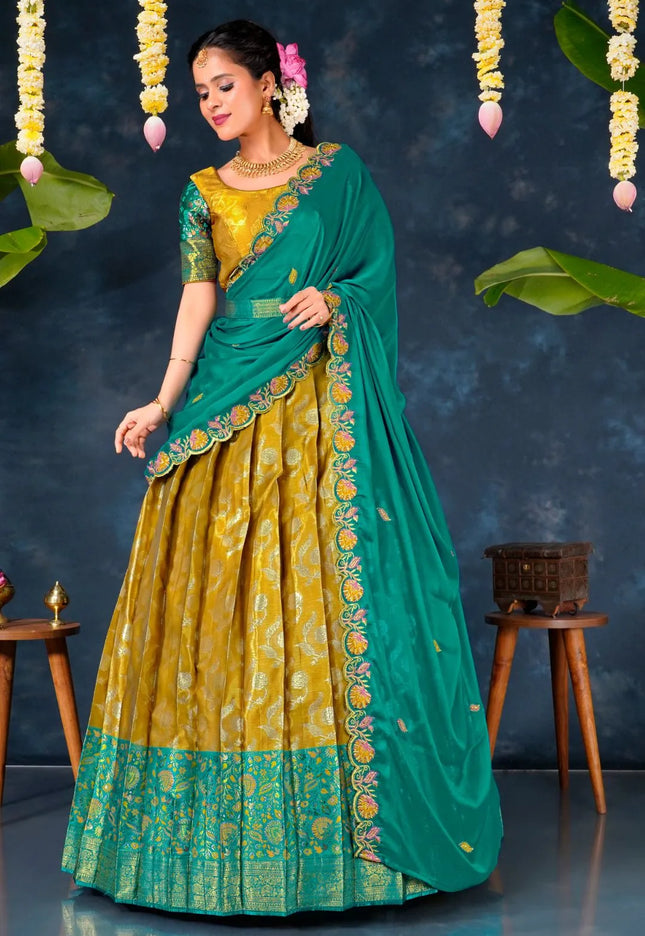 Musterd Banarasi Silk Pattu Half Saree With Zari Work