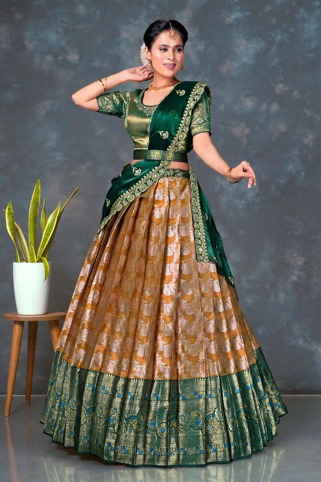 Musterd Color Banarasi Lehenga With Green Dupatta