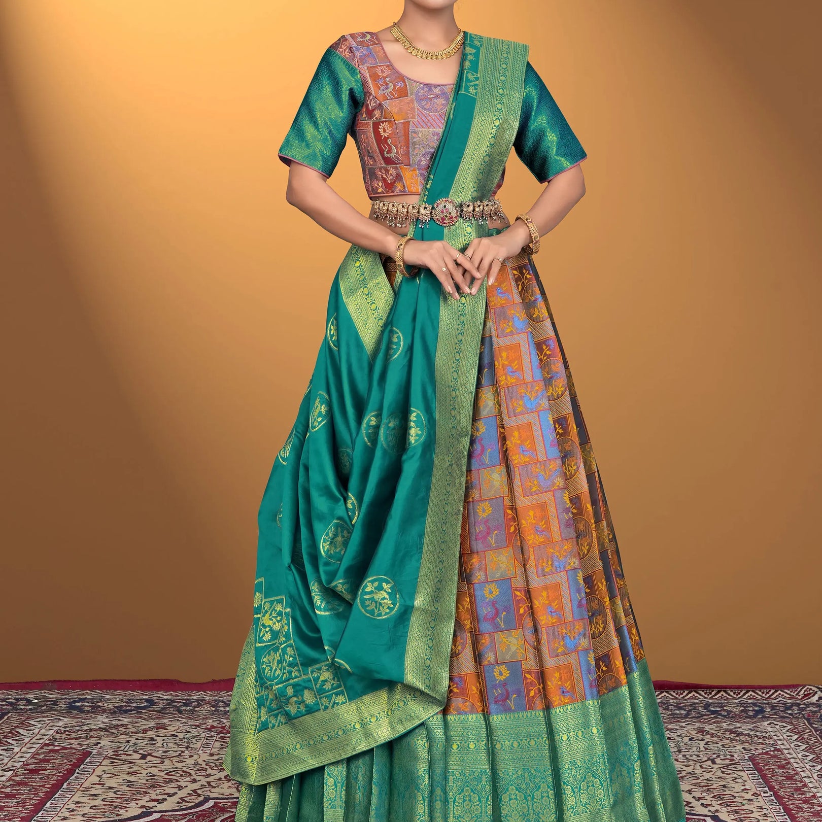 Women Wearing a Musterd_Jacquard_Fabric_Half_Saree_With_Digital_Print