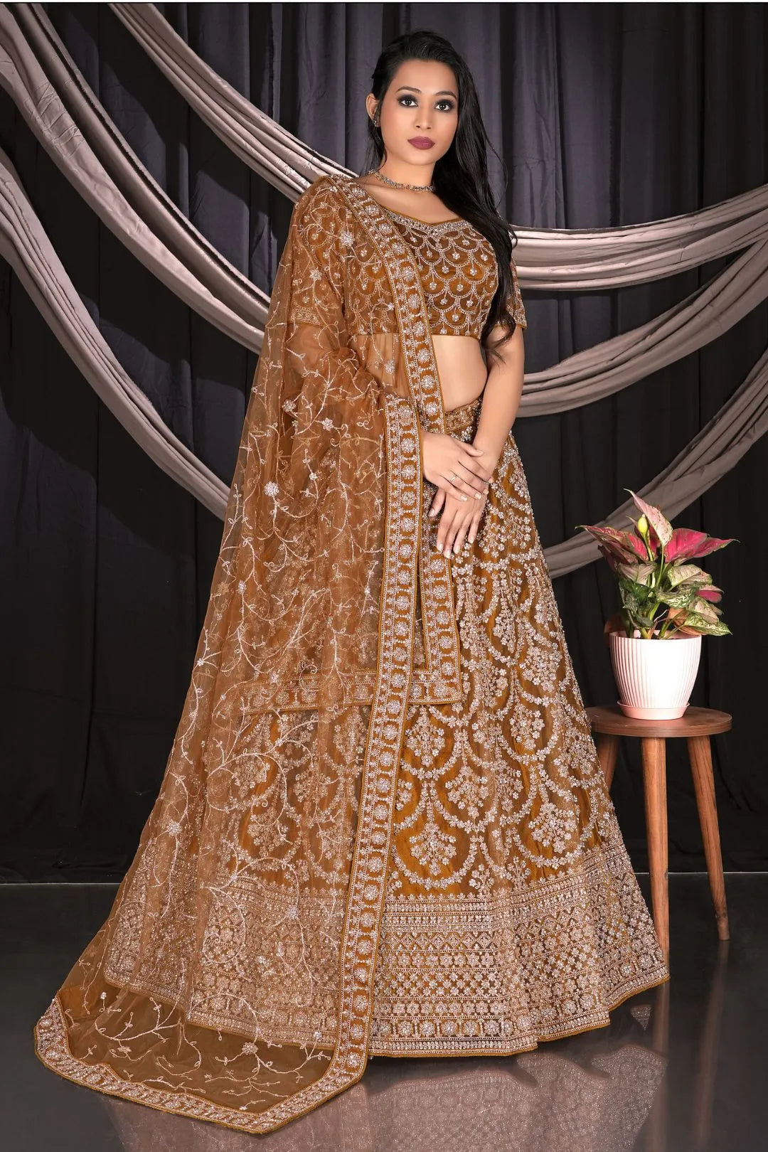 Musterd Net Semi Stitch Embroidered Lehenga Choli For Women