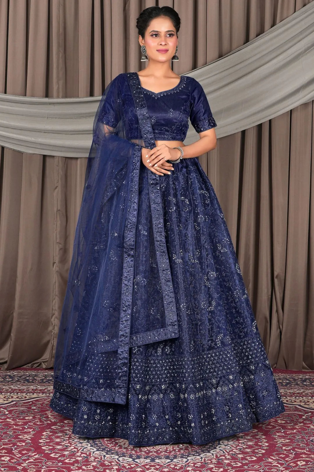 Navy Blue Party Wear Net Lehenga Choli For Women