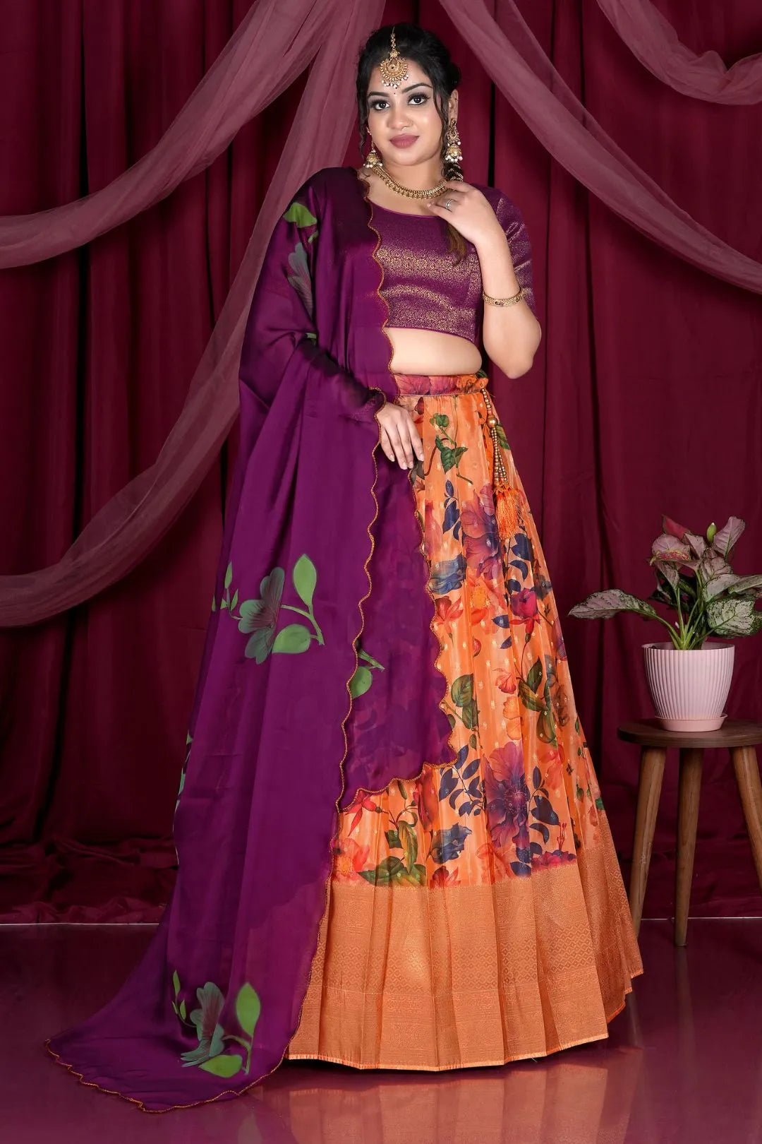 Orange Designer Printed Lehenga Choli In Viscose