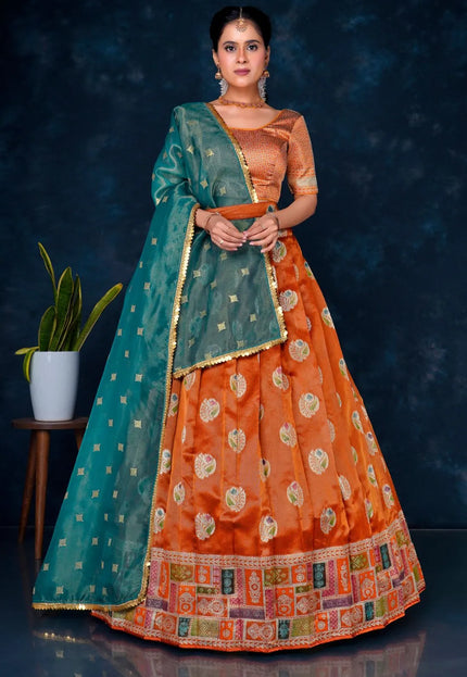 Orange Digital Print Banarasi Half Saree Set For Women