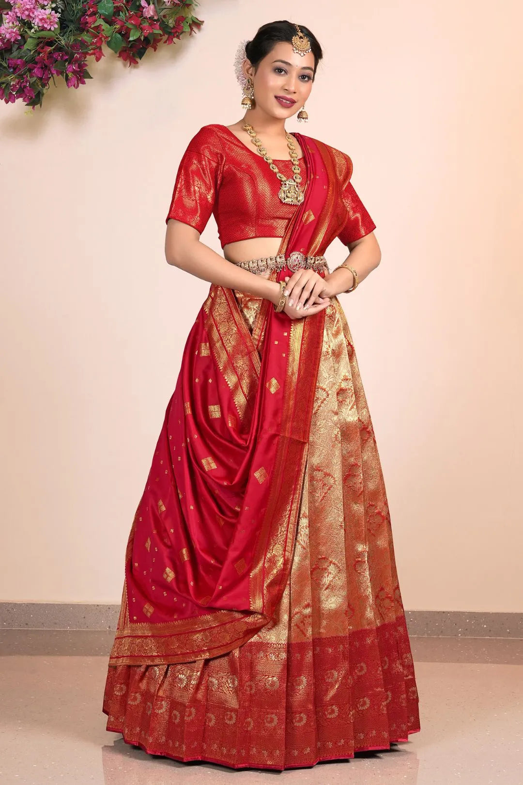 Orange Red Banarasi Silk Lehenga Choli Design