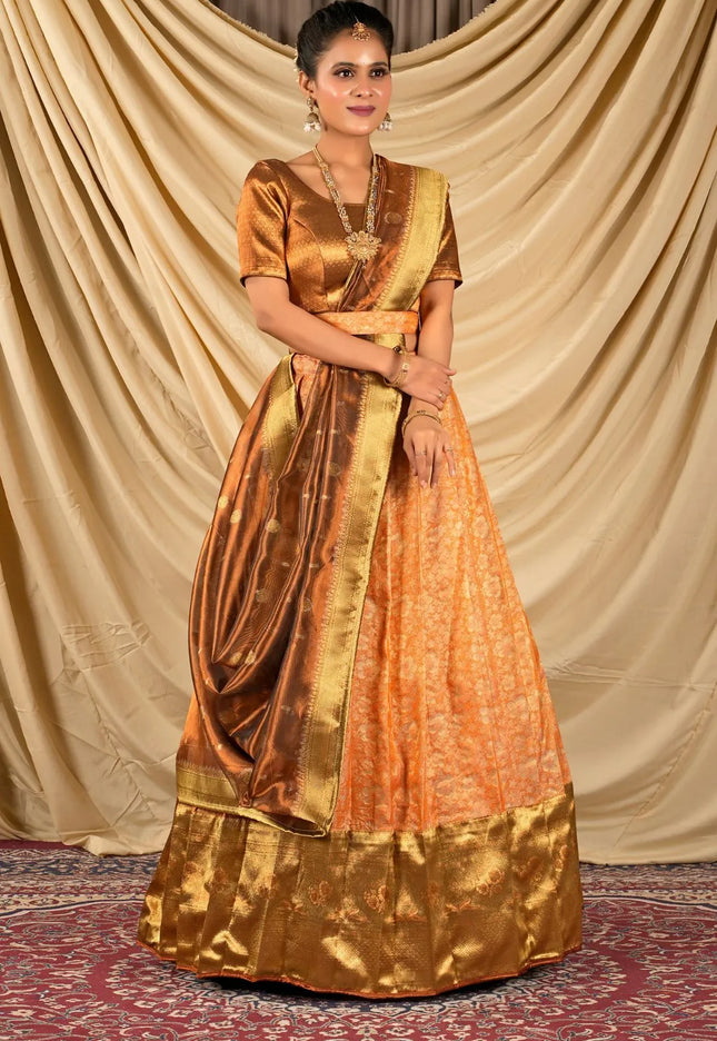 Orange Self Jacquard Silk Lehenga Choli With Zari Woven