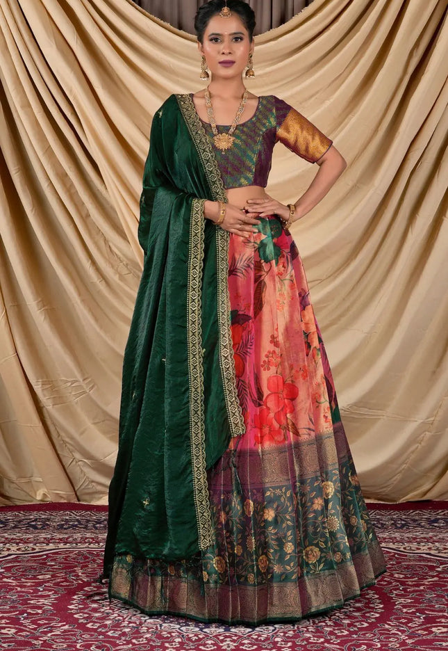 Woman wearing a traditional lehenga choli with a floral pattern