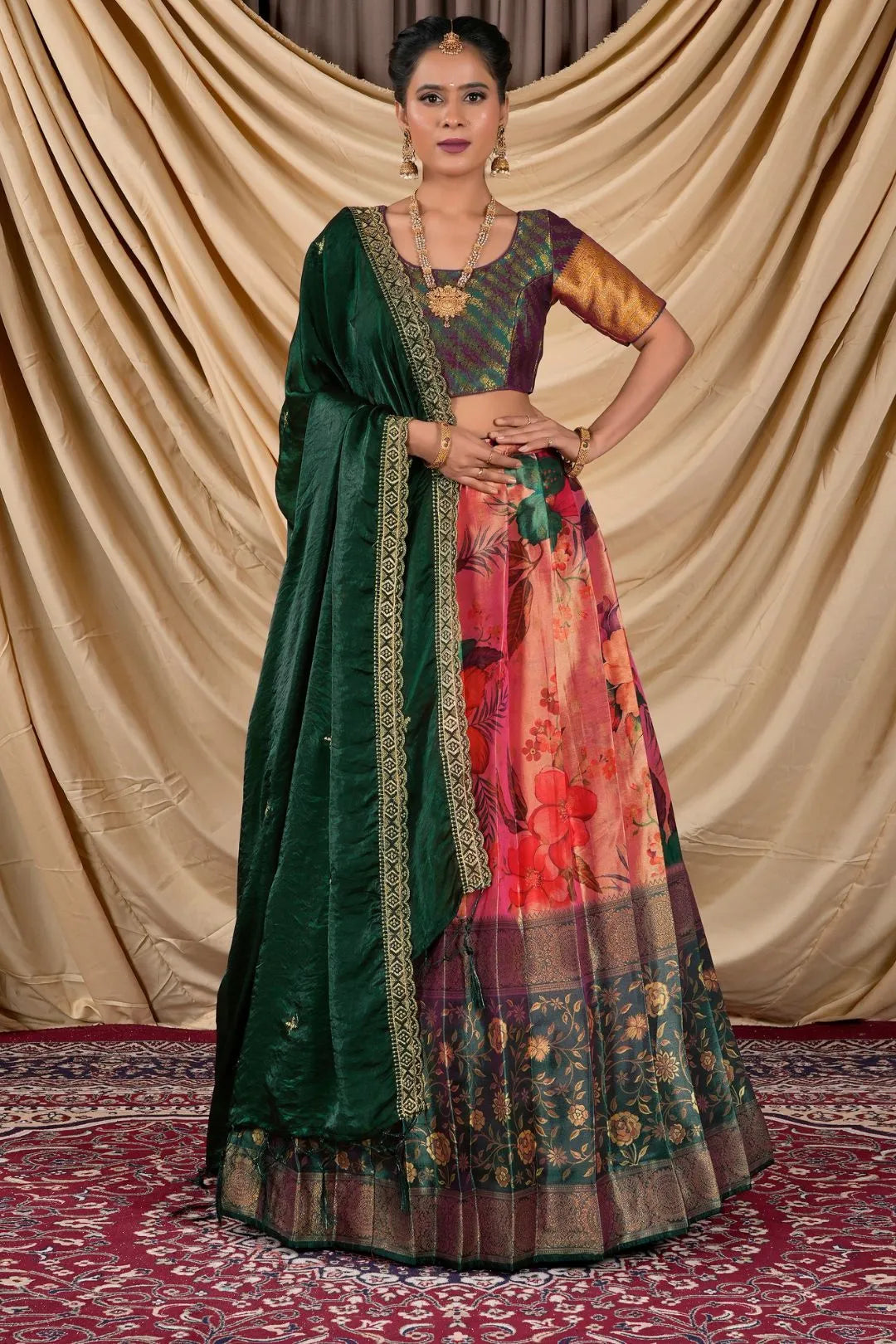 Orange Tissue With Digital Print Lehenga Choli For Women