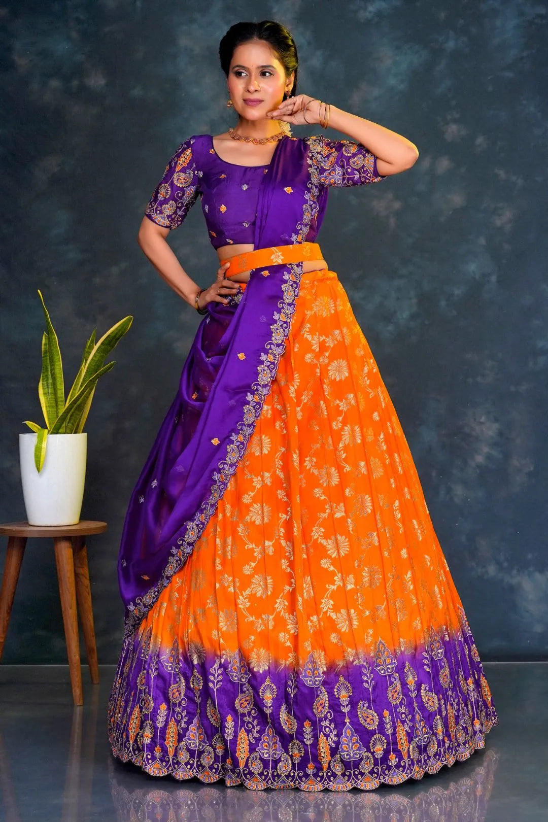 Orange Viscos Muslin Lehenga With Purple Dupatta