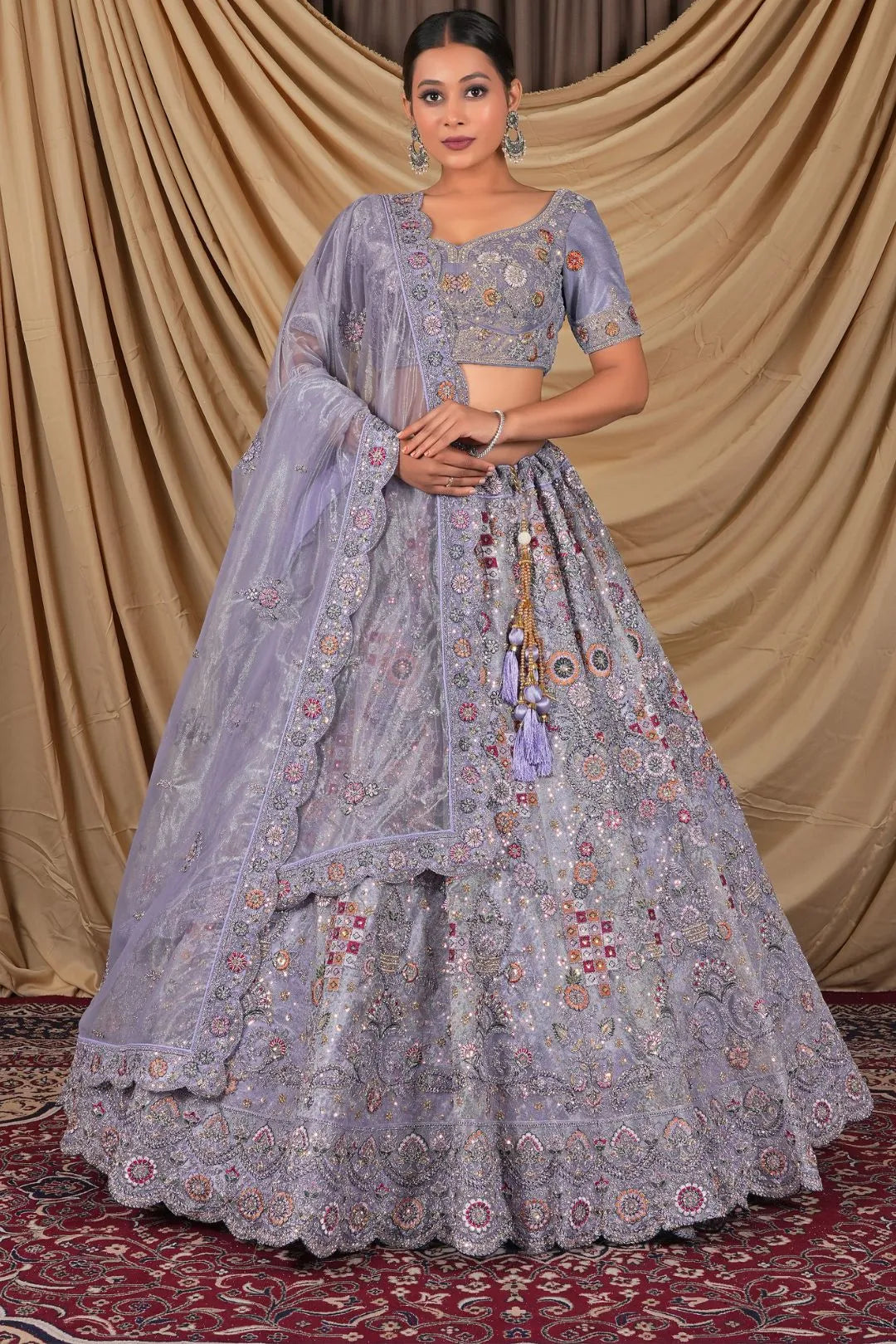 Lavender Party Wear Embroidered Twill Net Lehenga Choli For Women