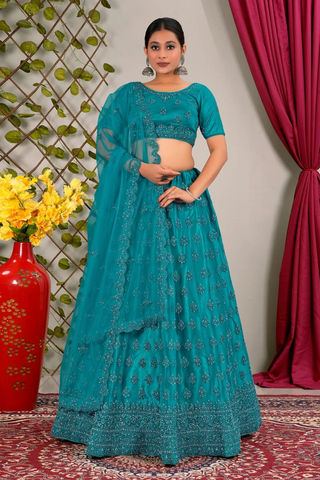 Firozi Party Wear Net Lehenga Choli For Weddings