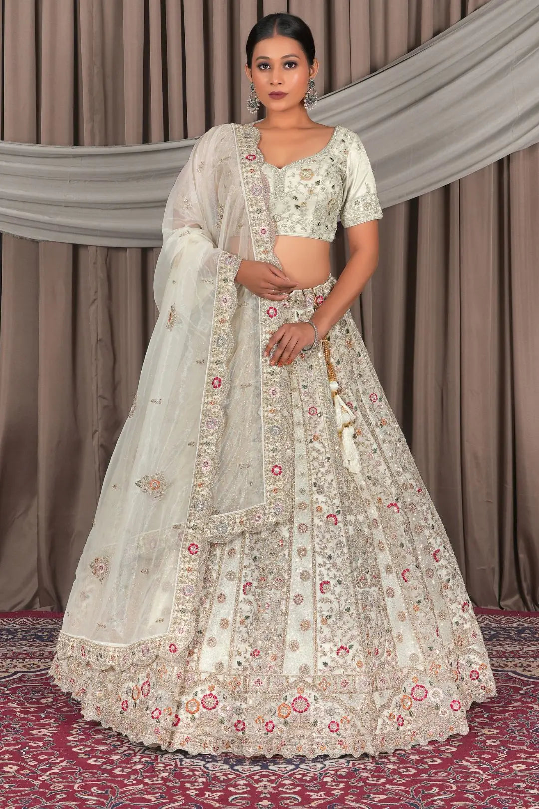 Woman wearing a traditional outfit with a floral pattern