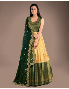 Bottle Green Long Banarasi Silk Gown