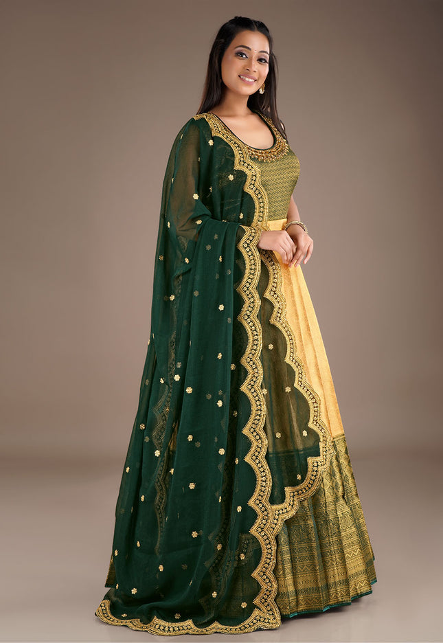 Bottle Green Long Banarasi Silk Gown