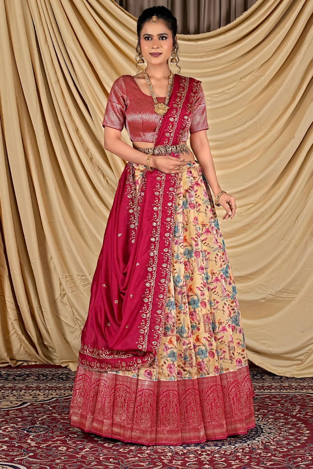 Peach Tissue With Digital Print Lehenga Choli For Women