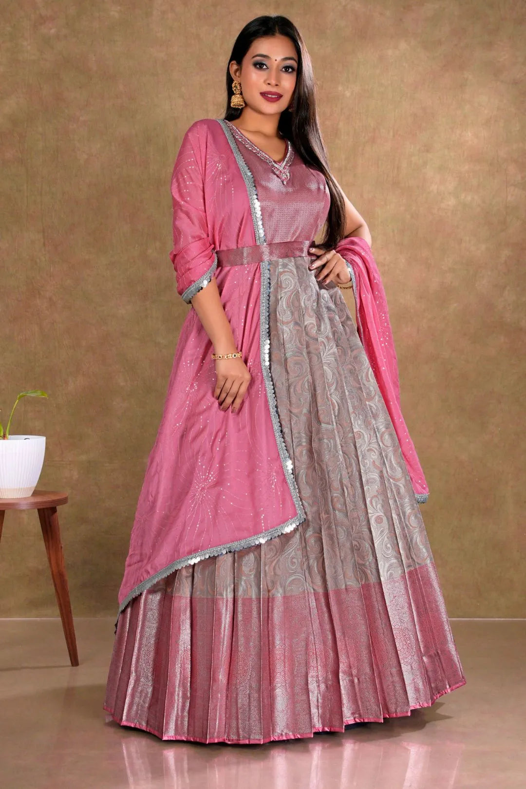 Peach Banarasi Long Dress with Zari work for Women