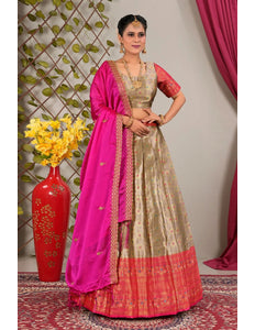 Peach Banarasi Zari Silk Lehenga Choli for Women