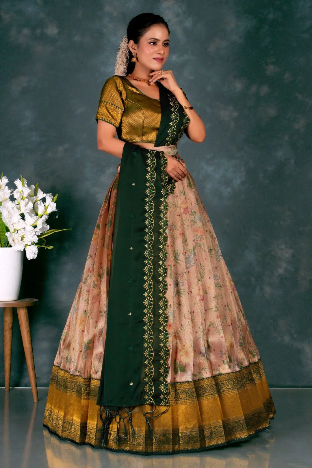 Peach Designer Banarasi Pattu Lehenga With Zari Work