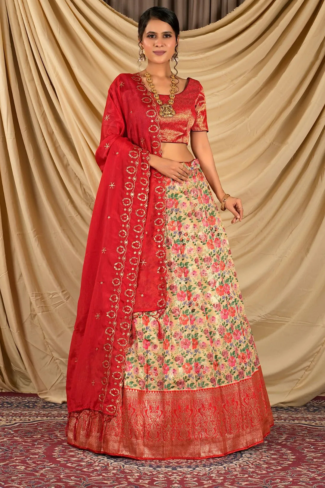 Peach Digital Print Tissue Silk Lehenga Choli For Women