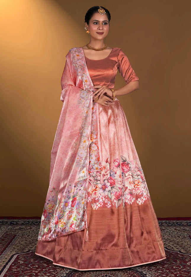 Peach Digital Printed Satin Lehenga With Chinnon Dupatta