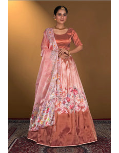 Peach Digital Printed Satin Lehenga With Chinnon Dupatta