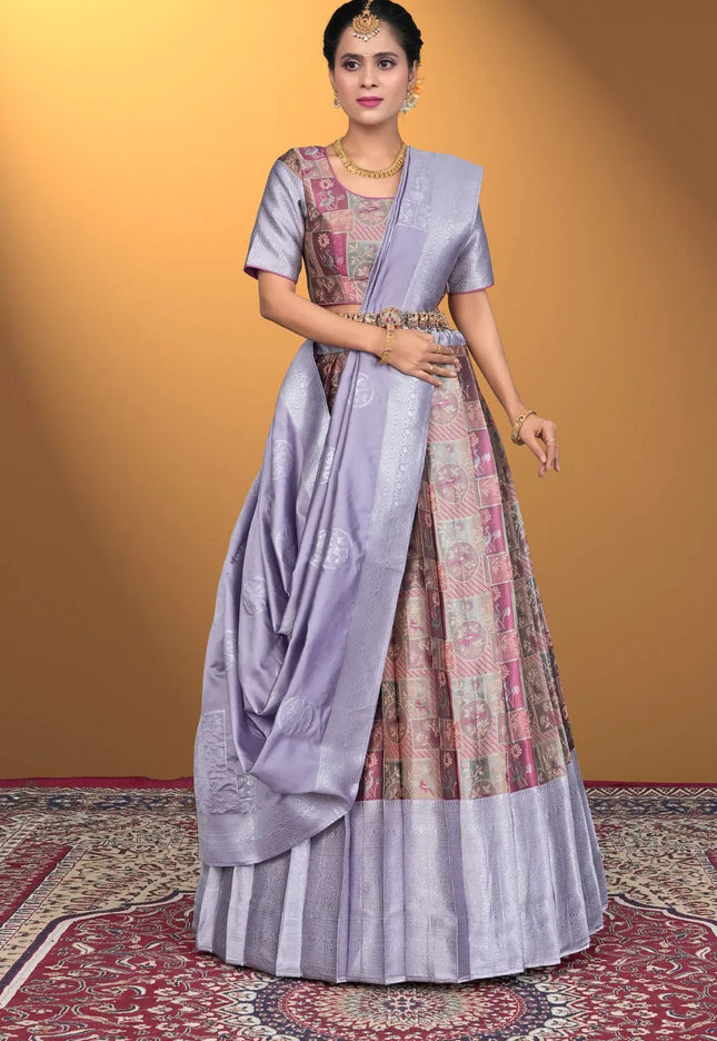 Peach Jacquard Fabric Half Saree With Digital Print