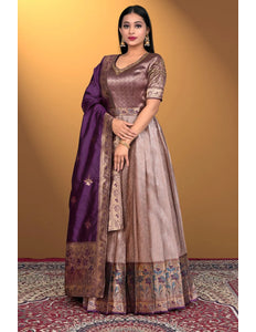 Peach Long Gown Banarasi Silk Zari Weaving