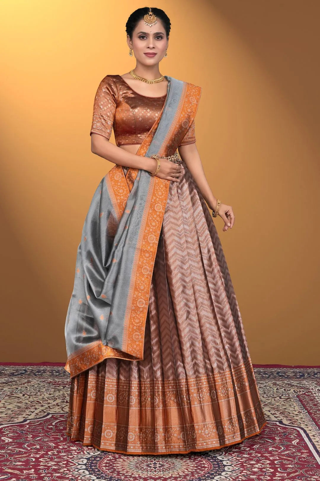 Peach Pure Two Zari Tissue Half Saree For Women